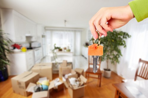 Moving van and home relocation scene in Monken Hadley