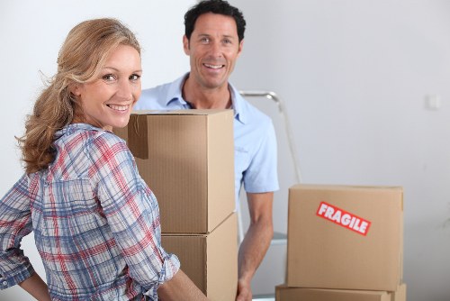 Packed office items ready for a business move in Monken Hadley