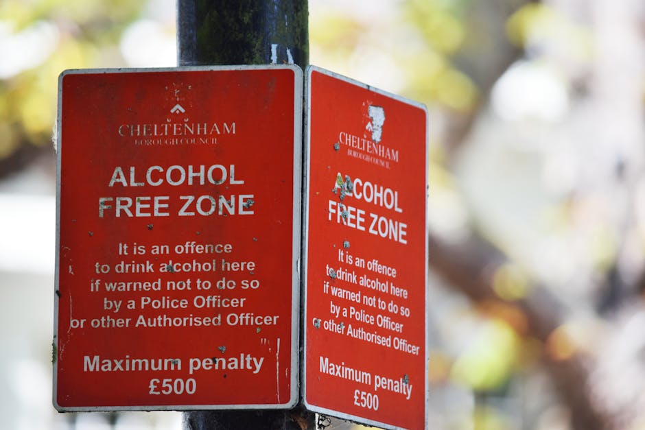 Two red Cheltenham Borough Council alcohol-free zone signs mounted on a black metal pole outdoors, with a blurred background of trees and sunlight. The signs display the message 'ALCOHOL FREE ZONE' in bold white letters, along with additional text explaining that it is an offence to drink alcohol here if warned by a Police Officer or other authorised personnel, and that the maximum penalty is £500. The signs are slightly weathered, with minor paint chips and scratches visible. The environment appears sunny with dappled light through the foliage, indicating daytime. These signs are not related directly to house removals but could be situated along a street or near properties undergoing moving or logistics activities, as managed by Man with Van Monken Hadley, providing secure and compliant relocation services in the area.