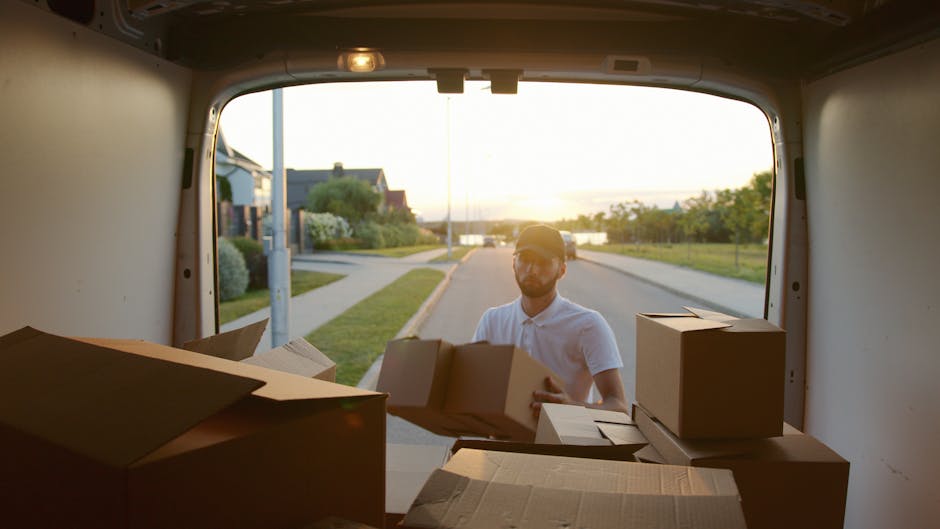 A person wearing a black jacket, dark trousers, and a grey cap is loading cardboard boxes into the open rear doors of a white moving van. The boxes are various sizes, some sealed with packing tape and