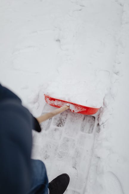 A person wearing dark trousers and black shoes is using a red snow shovel to clear snow from a paved outdoor surface. The shovel is partially embedded in the snow, which appears fresh and powdery, with some areas slightly compacted. The scene suggests an early stage of snow removal during winter. In the background, the snow-covered ground extends outward, with the person's hand gripping the wooden handle of the shovel visible. This image relates to the process of clearing pathways, which may be part of home maintenance or preparation during a house removal or moving process involving outdoor access, as handled by companies like Man with Van Monken Hadley.